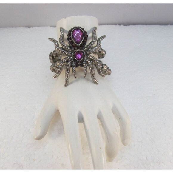 Silver Tone Spider Stretch Bracelet with Purple Accents - Picture 1 of 11